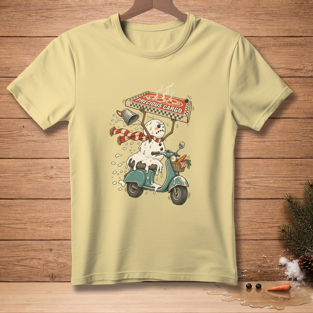 Snowman riding a scooter with a pizza box labeled "Precious Cargo" and a basket of carrots.