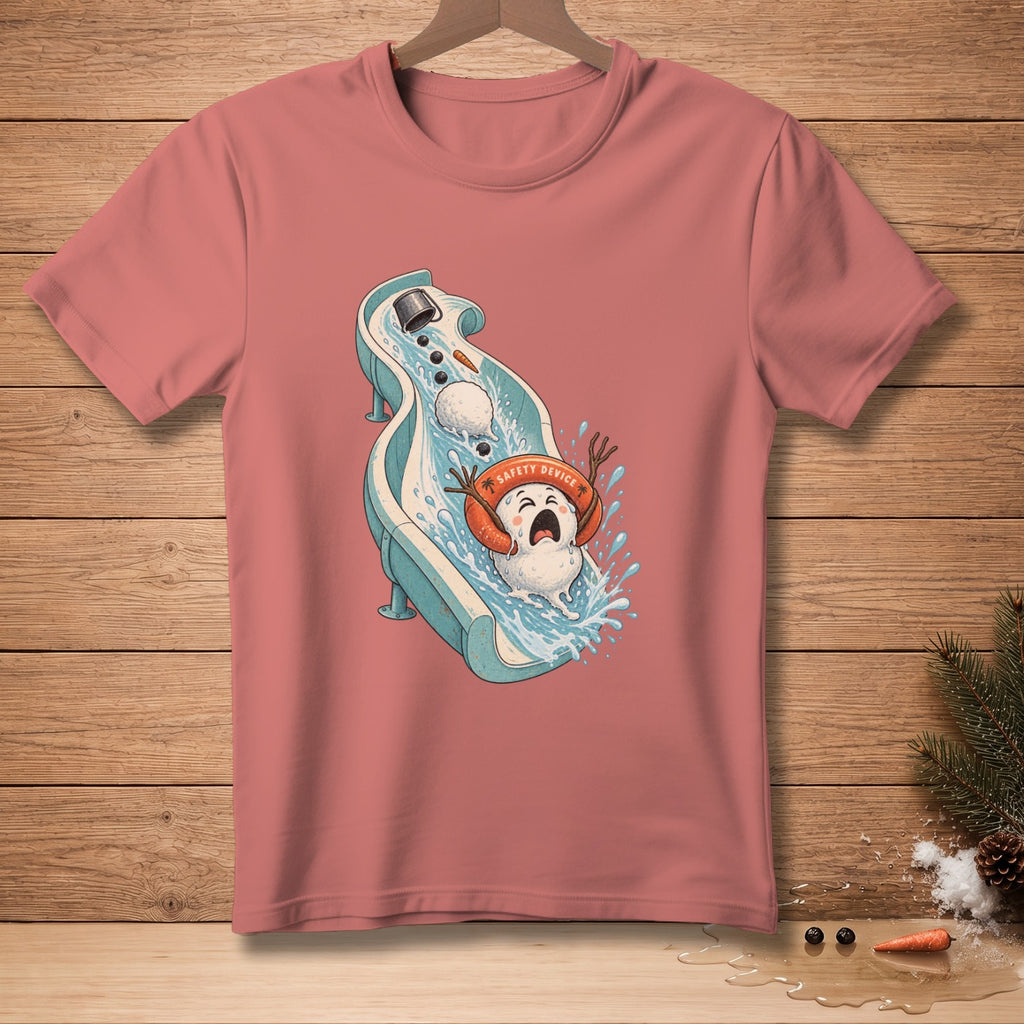 Snowman with safety device sliding down water slide, cartoon design.
