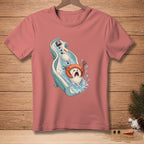 Snowman with safety device sliding down water slide, cartoon design.