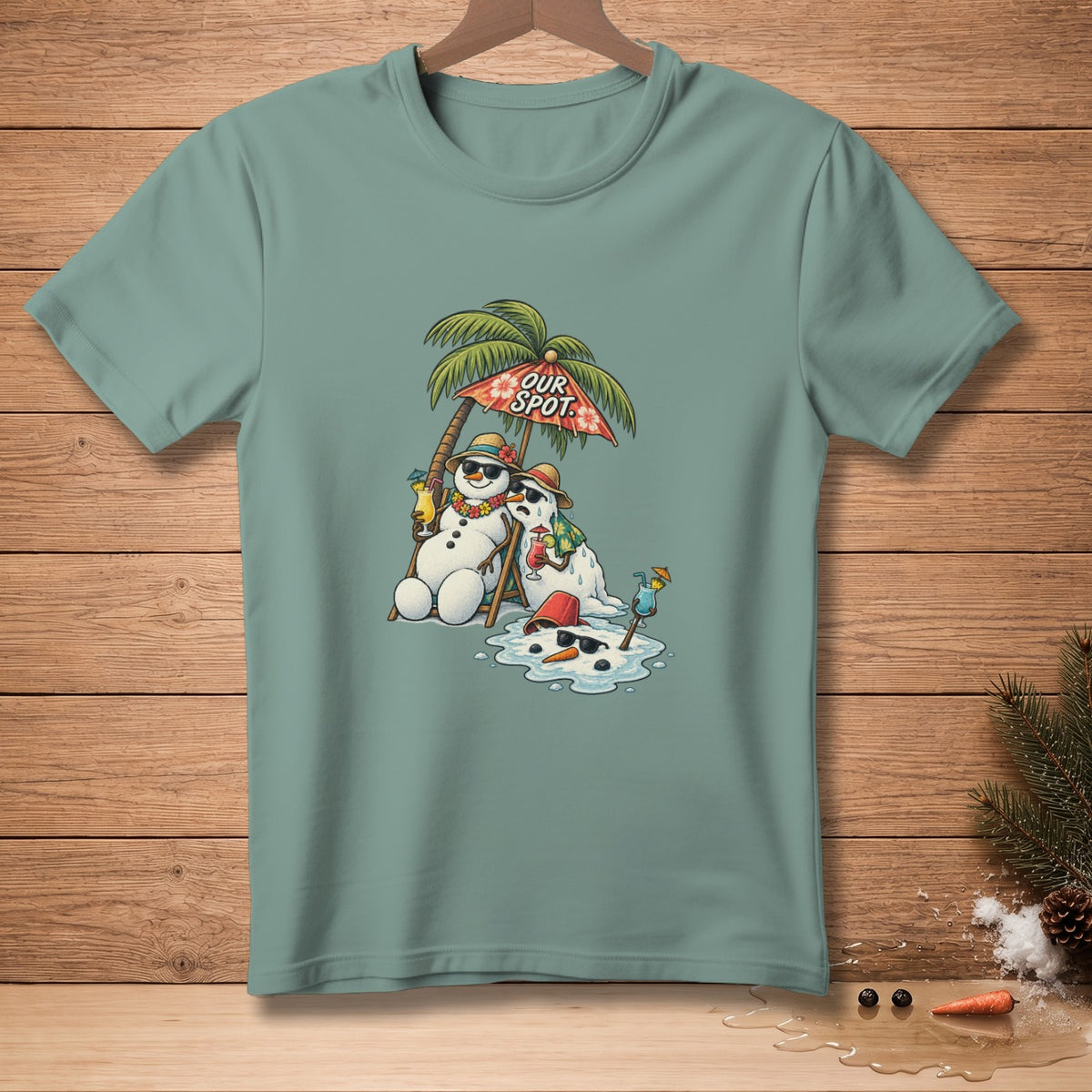 Melting snowmen under a palm tree umbrella with "Our Spots" text.
