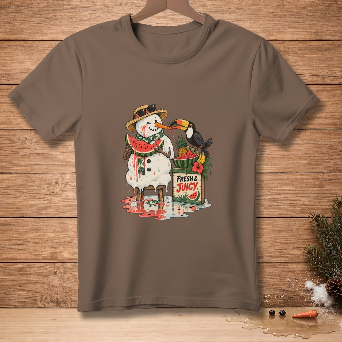 Melting snowman with watermelon and toucan, "Fresh & Juicy" box.
