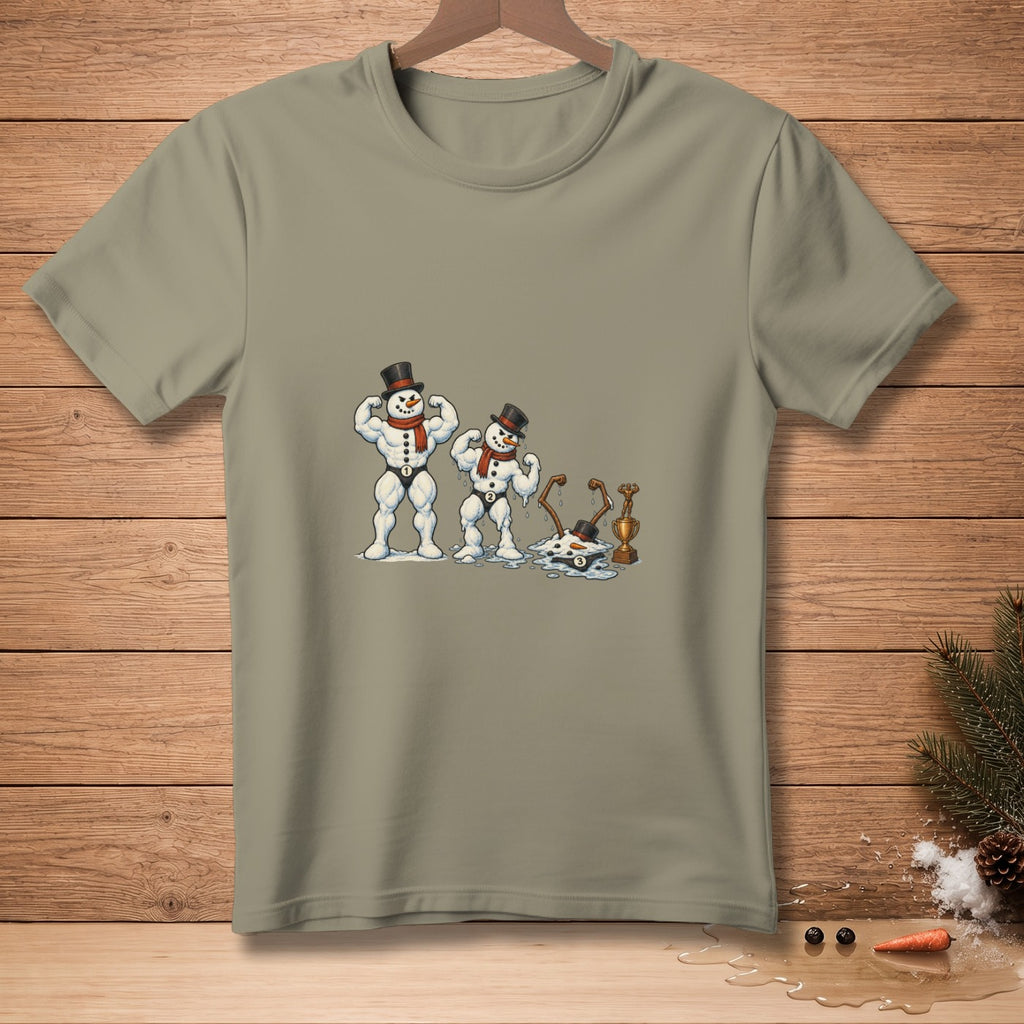 T-shirt graphic of two muscular snowmen, one partially melted next to a trophy.
