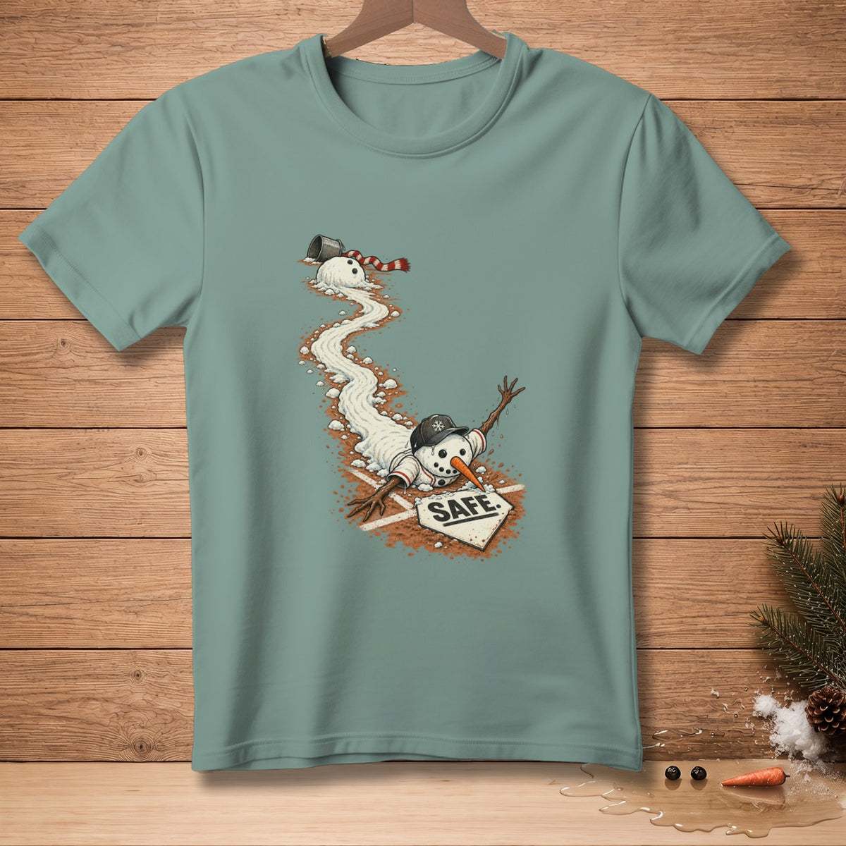 Snowman sliding into home plate labeled "SAFE", wearing a baseball cap and jersey.