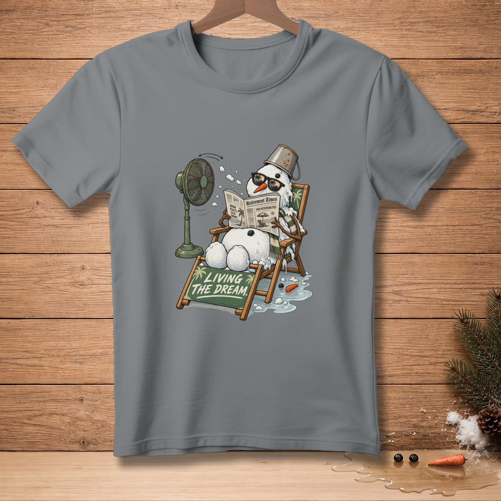 Snowman with bucket hat reading "Retirement Times" newspaper, with fan and "Living the Dream" text.