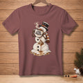 Snowman wearing a hat and scarf, melting and drinking from a mug with text.