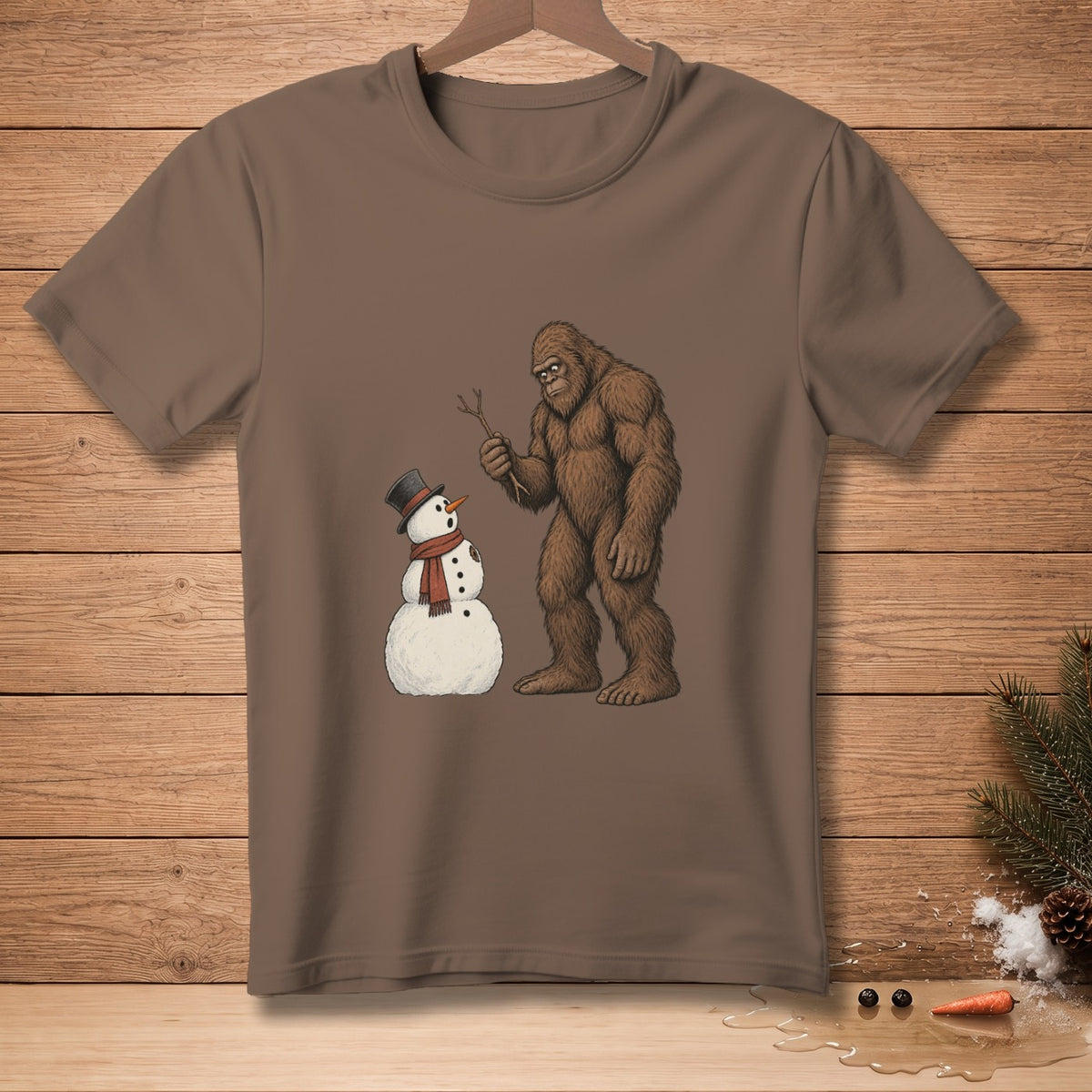 Bigfoot holding a stick confronts a snowman with a top hat and scarf.