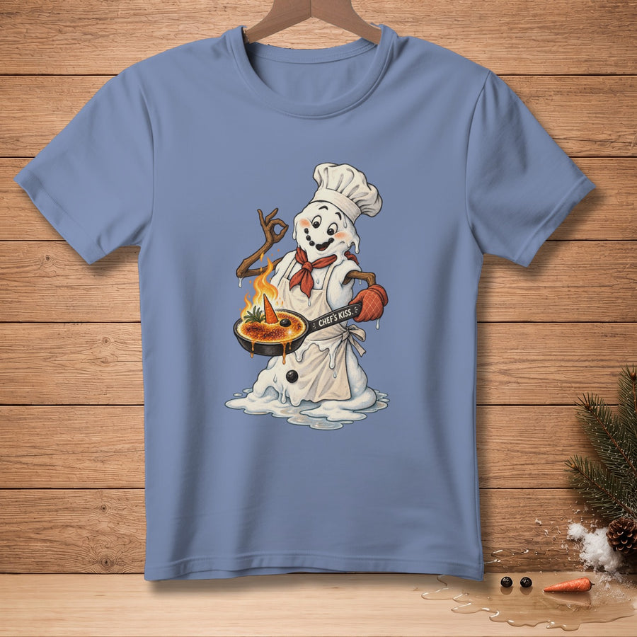 Snowman chef with a burnt crème brûlée on a blue t-shirt.