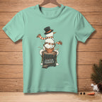 Snowman wearing hat and scarf on pottery wheel with text "CENTER YOURSELF."