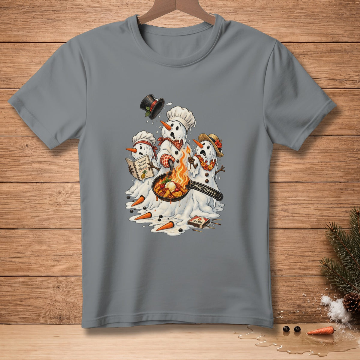 Snowmen cooking and melting with a "Showstopper" pan and a recipe book.