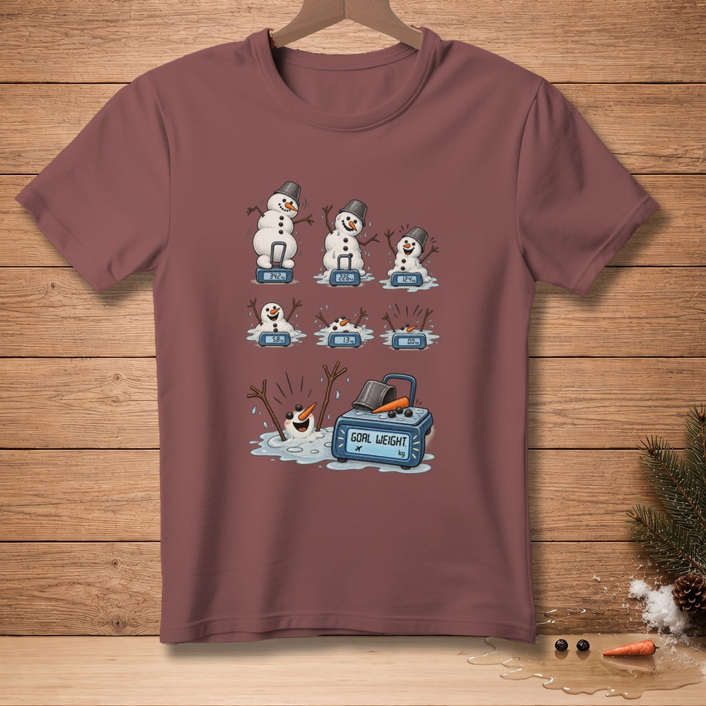 Melting snowmen on scales and one in a puddle with "Goal Weight" scale.