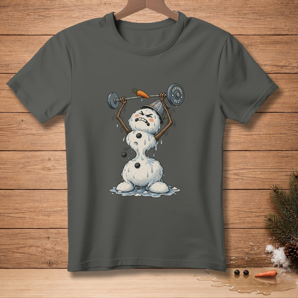 Melting snowman lifting barbell with carrot and "Personal Best" weight plate.