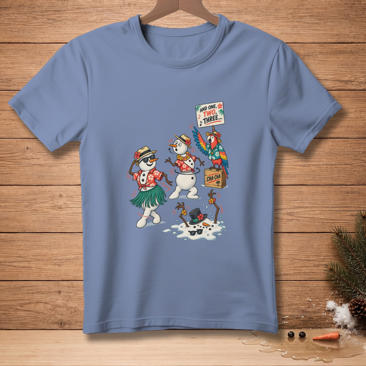 Snowmen in Hawaiian shirts dancing with a parrot, a melting snowman, and text "And One, Two, Three..."