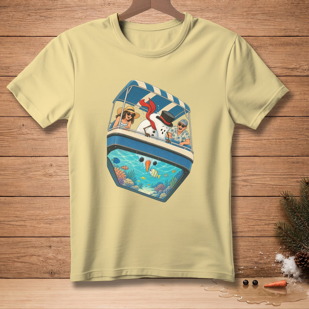 T-shirt featuring a buoyant snowman, couple, and underwater scene in a boat.