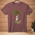 Snowman climbing palm tree with monkeys and sign saying "Almost There".