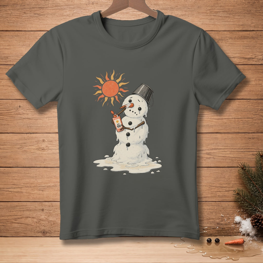 Melting snowman applying sunscreen with sun graphic on grey t-shirt.