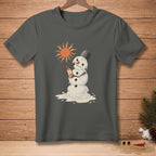 Melting snowman applying sunscreen with sun graphic on grey t-shirt.