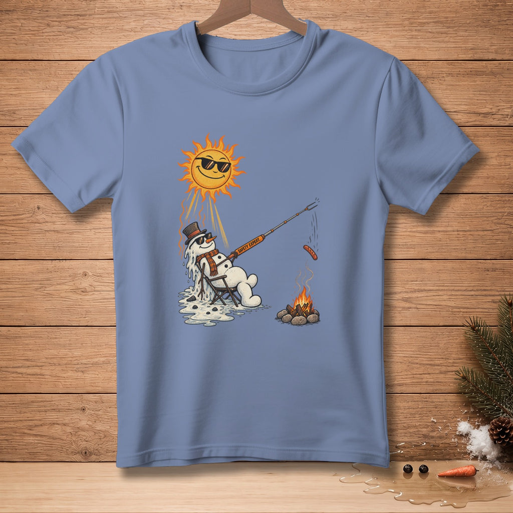 Melting snowman grills sausage in the sun with "Safety Expert" tool.