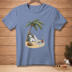 T-shirt graphic: melting snowmen under palm tree on beach, with a coconut marked "Reserved".