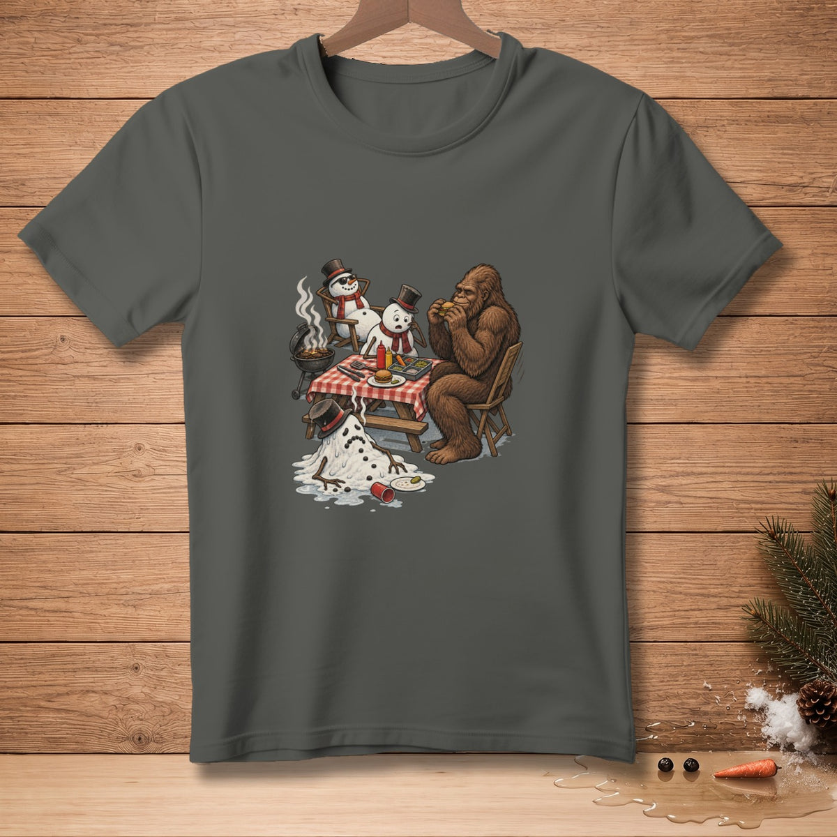 Bigfoot and snowmen having a barbecue picnic, one melting snowman.