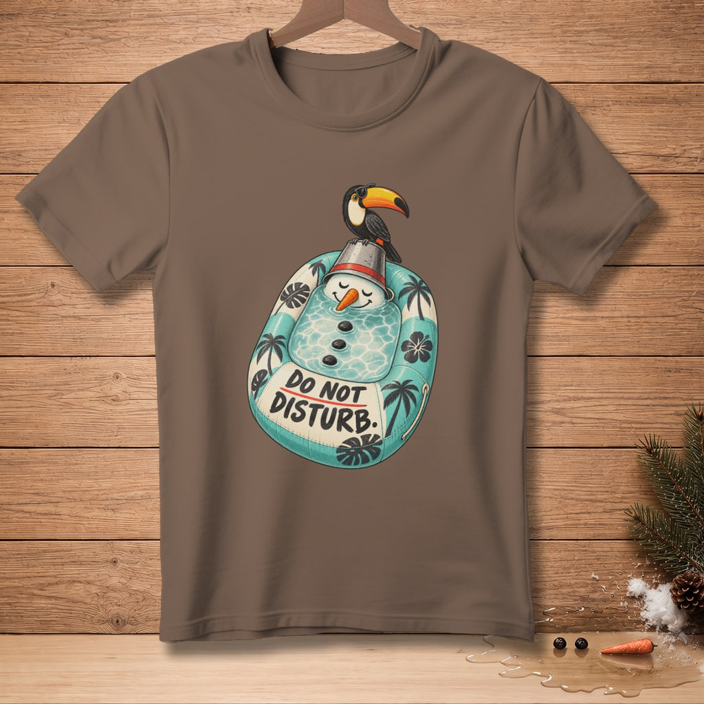 T-shirt with a tropical snowman graphic and toucan, reads "DO NOT DISTURB."