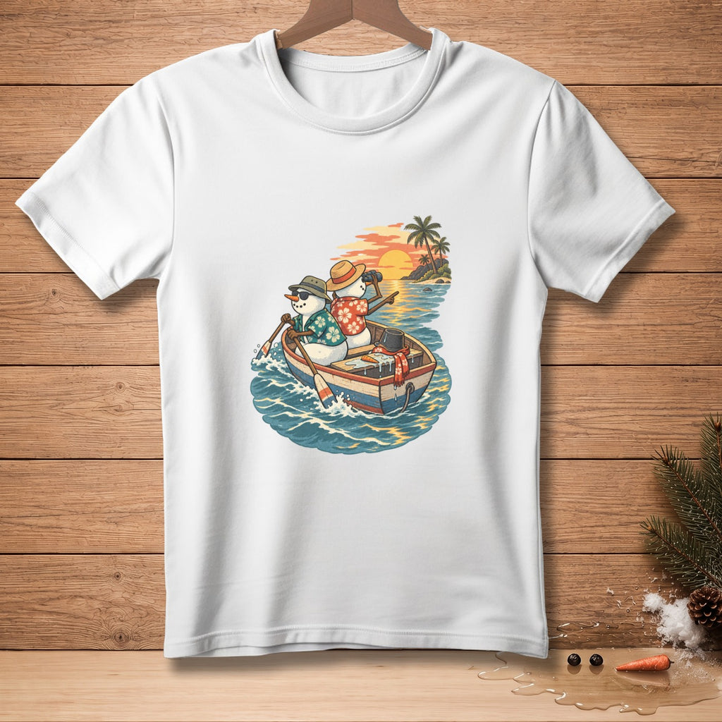 Two snowmen in a rowboat on the ocean with tropical island in background.