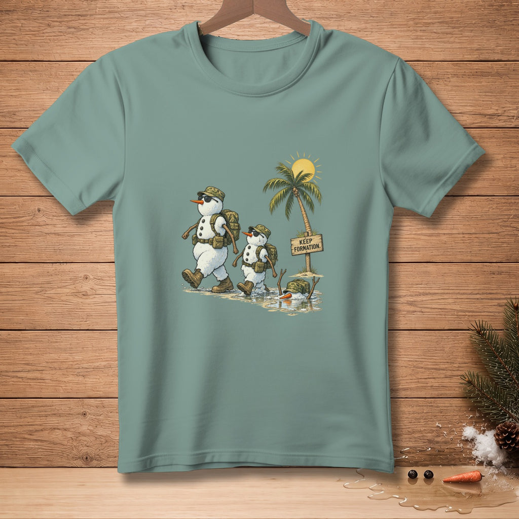 Two snowmen in camouflage and backpacks walk under a palm tree with a "Keep Formation" sign.