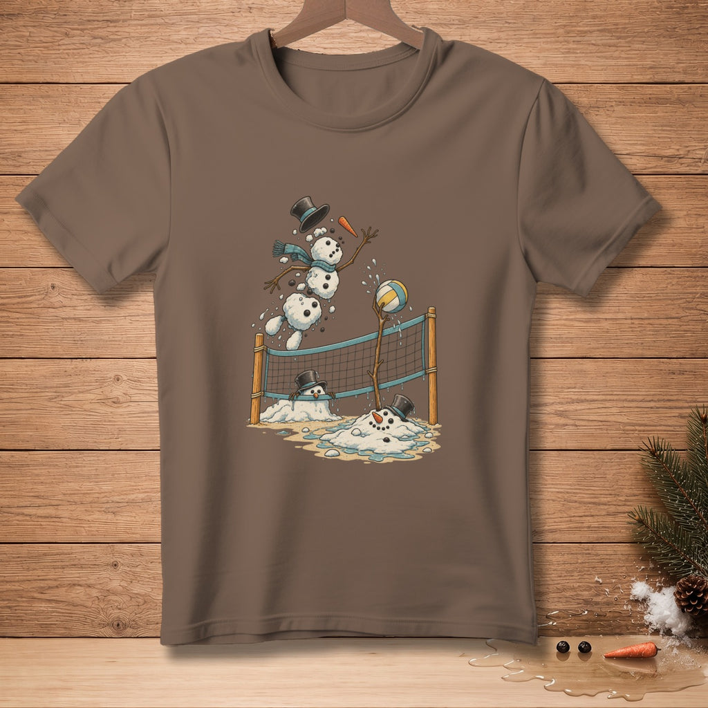 Snowmen playing volleyball with a net and a volleyball.