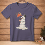 Melting snowman with sunscreen and a sun graphic on a purple t-shirt.