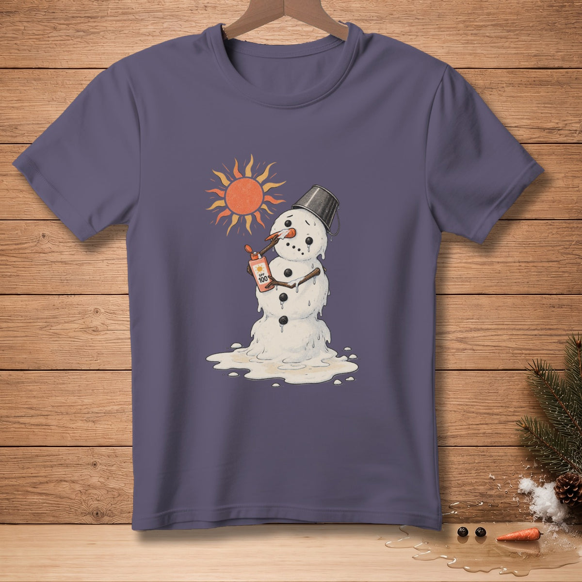Melting snowman with sunscreen and a sun graphic on a purple t-shirt.