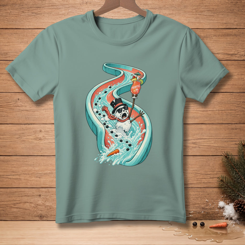 Snowman wearing sunglasses slides down water slide holding cocktail with "Priorities" label.