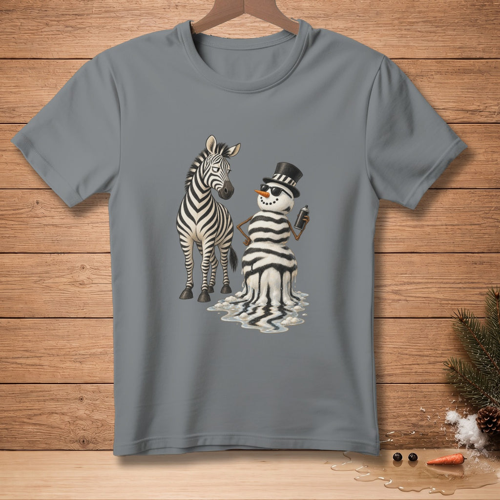 Zebra and melting snowman with spray paint on gray t-shirt.