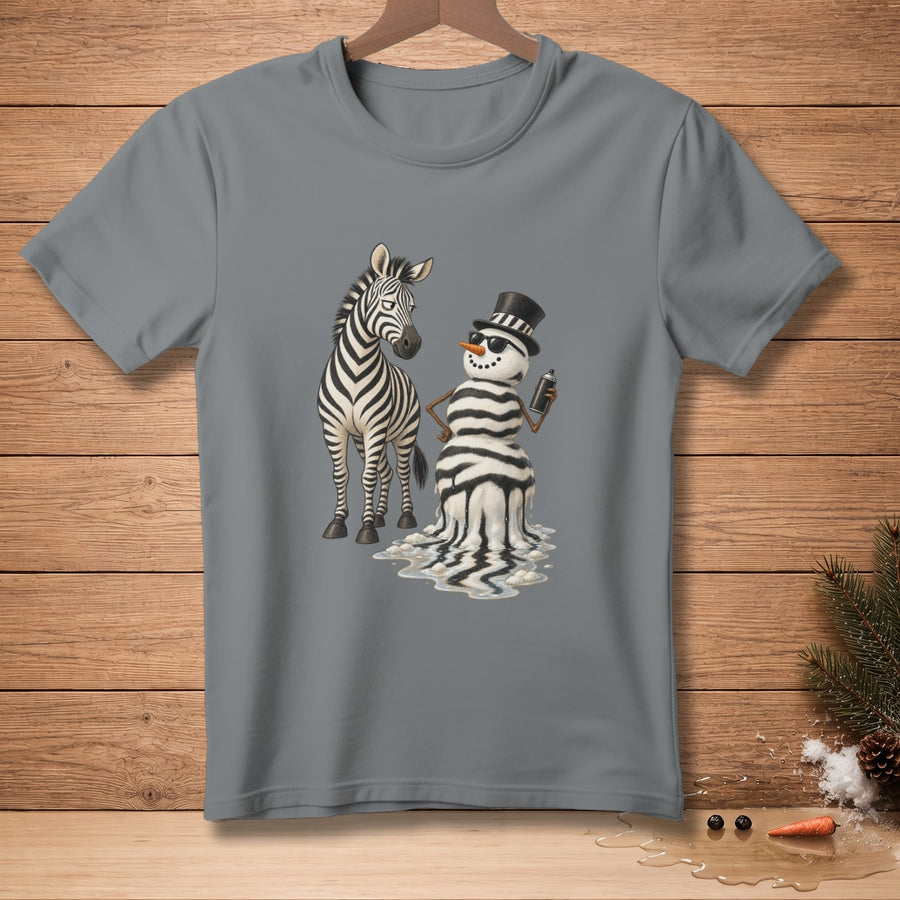 Zebra and melting snowman with spray paint on gray t-shirt.