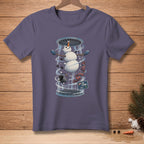 Snowman with scarf and mittens in a wind tunnel, text "I'M FLYING".