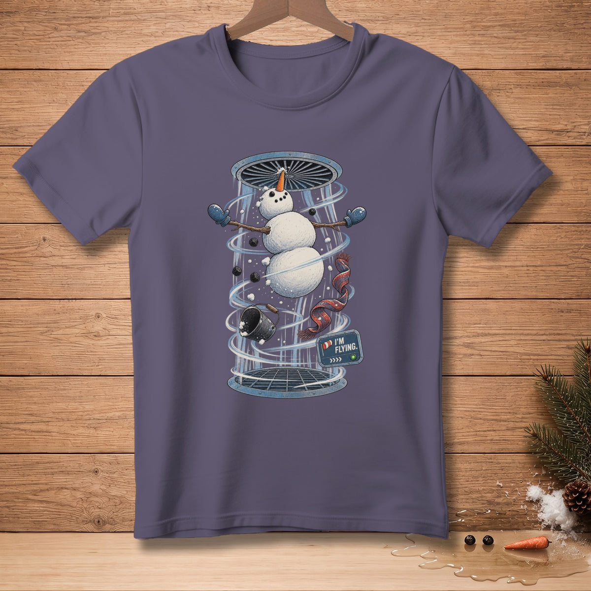 Snowman with scarf and mittens in a wind tunnel, text "I'M FLYING".