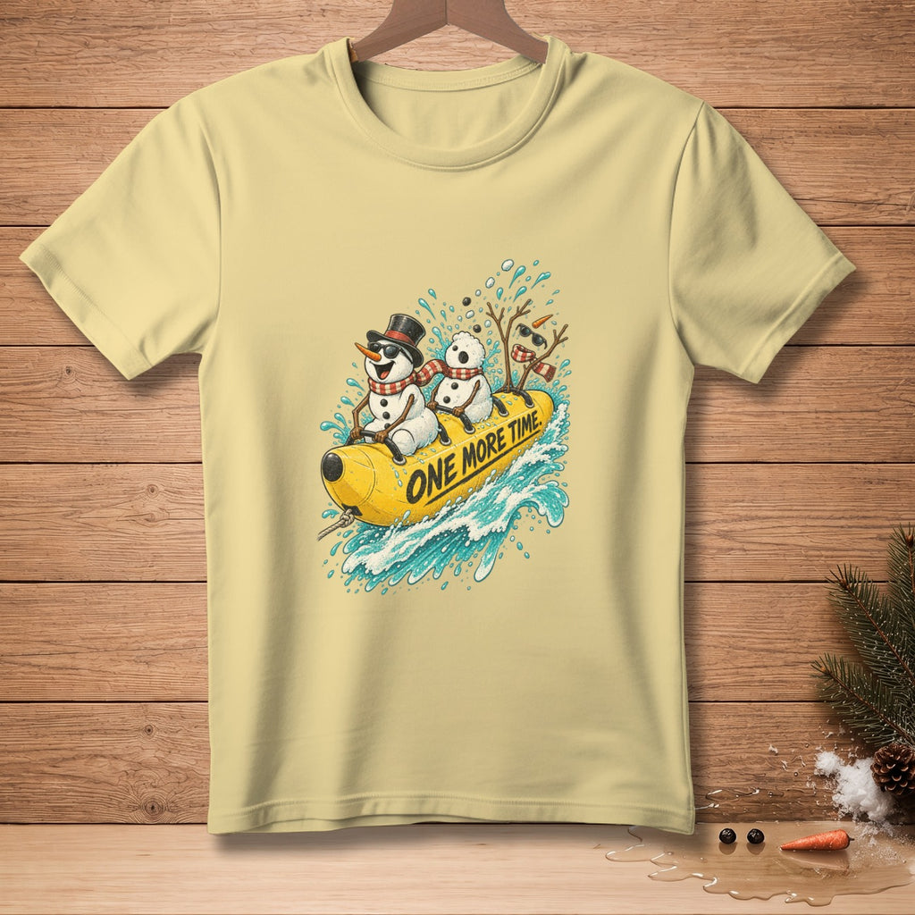 T-shirt with three snowmen riding a yellow banana boat through blue water, text "ONE MORE TIME".