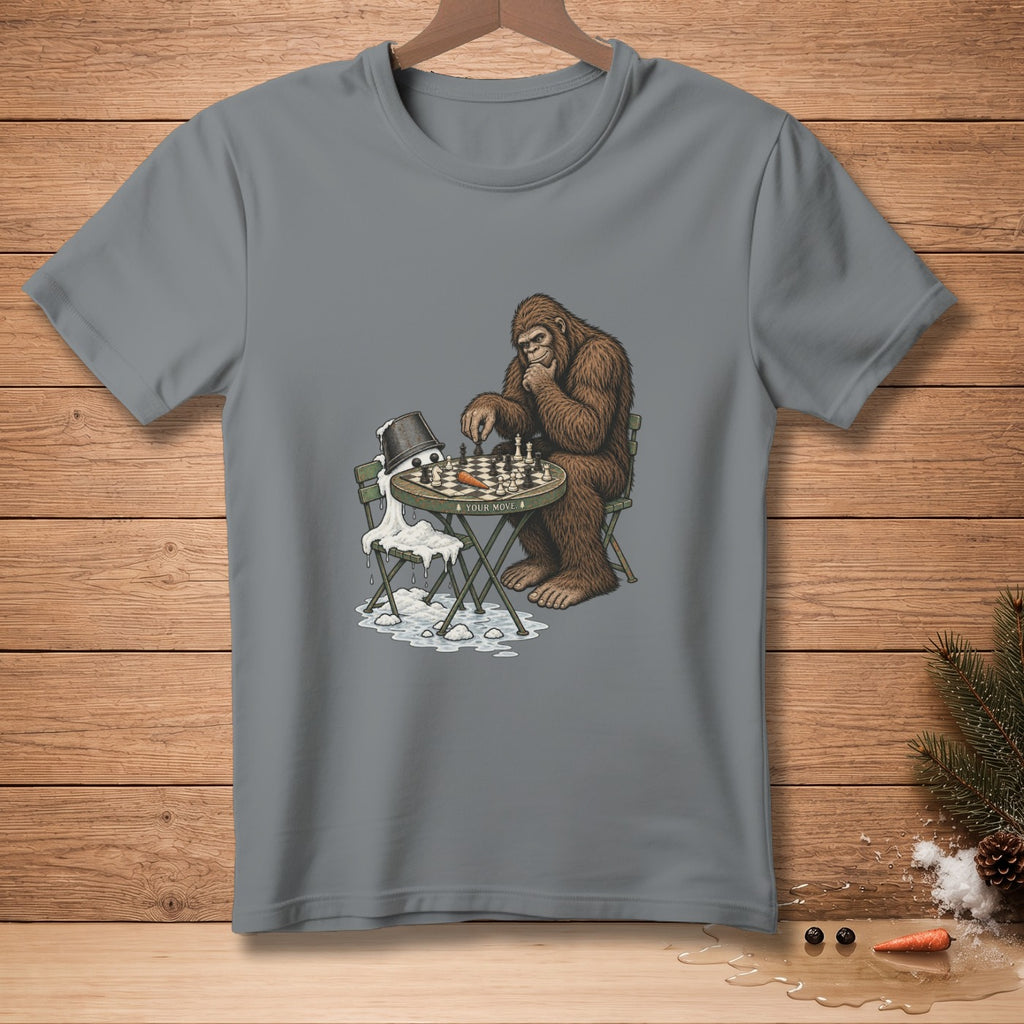 Bigfoot plays chess on a table with a bucket of melted snow, text reads "YOUR MOVE".