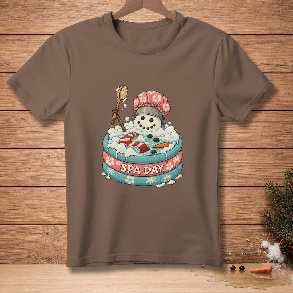 Snowman in a bubbly pool wearing a shower cap, with "SPA DAY" text.