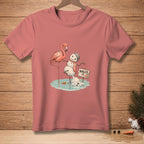 Pink t-shirt with a flamingo and melting snowman graphic that reads "Nailed It."