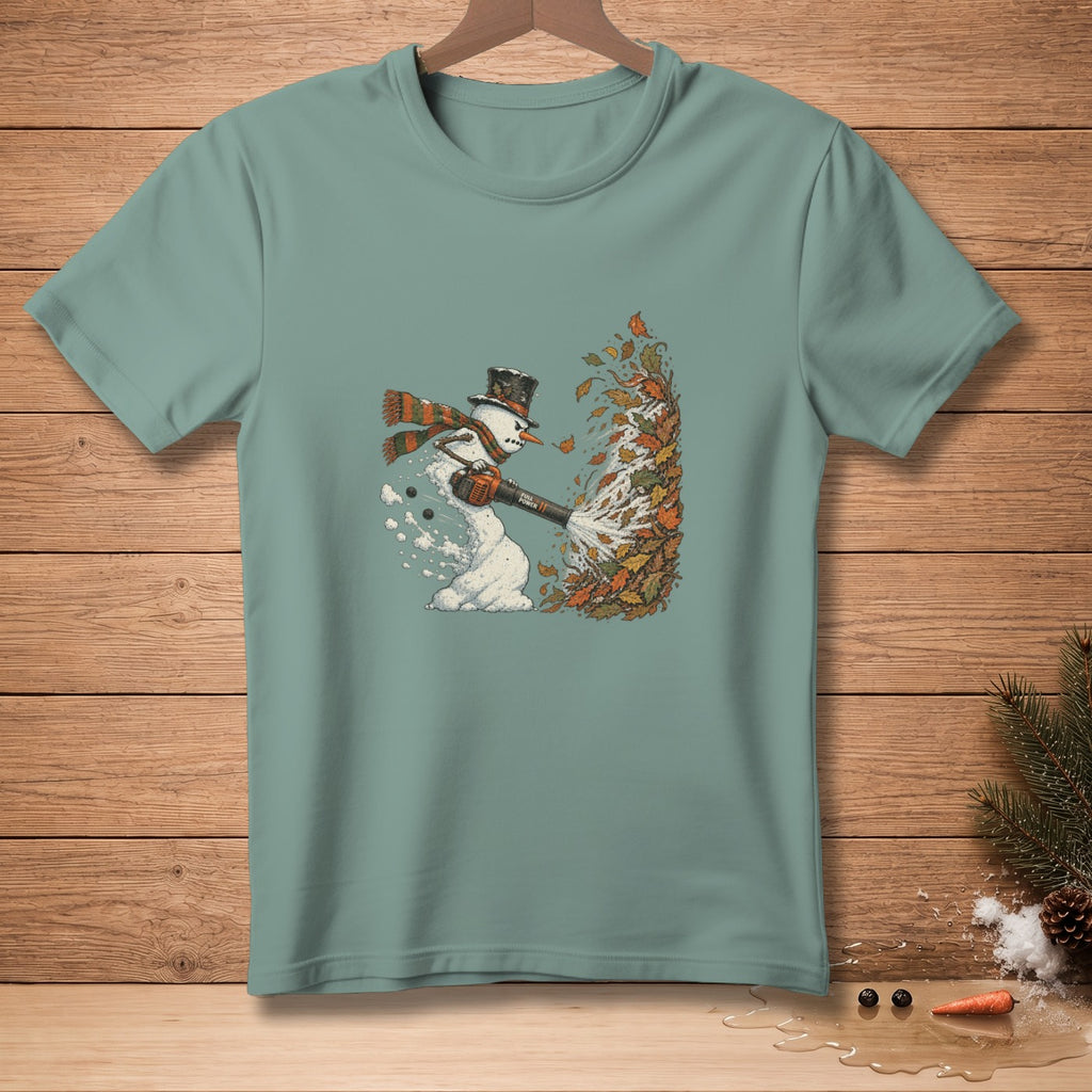 Snowman wearing a top hat and scarf blows leaves with a leaf blower.