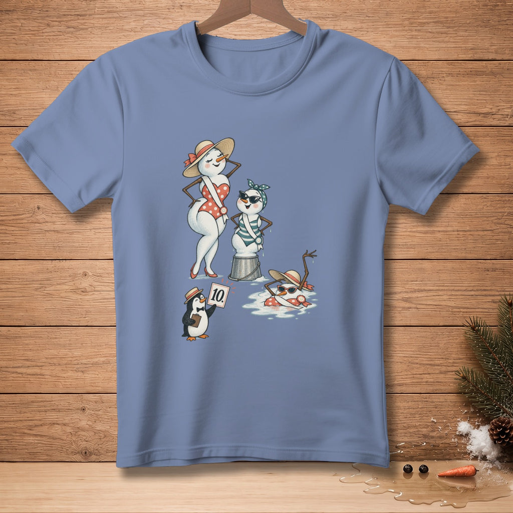 Cartoon snowmen in swimsuits with a penguin holding a "10" sign.