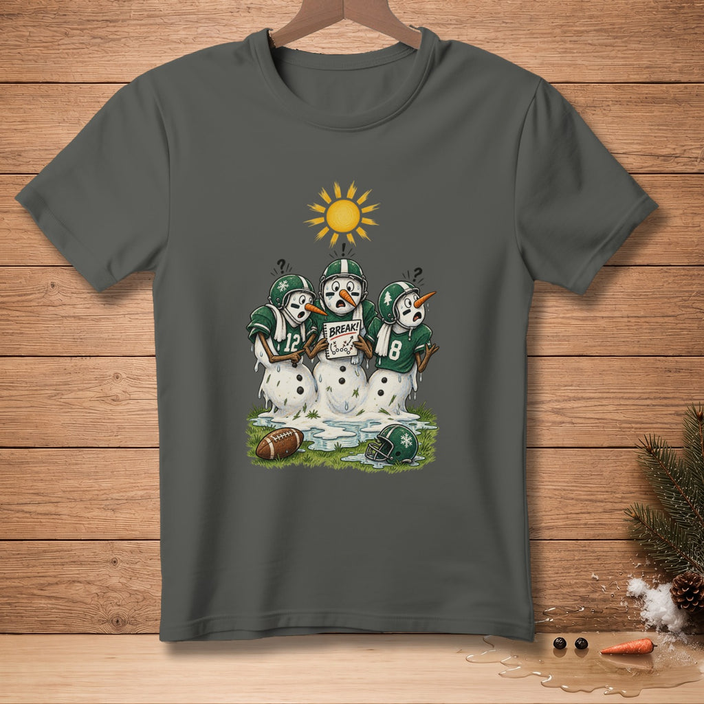 Melting snowmen in football uniforms under a bright sun, holding a "BREAK!" sign.