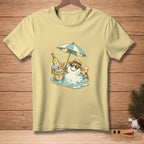 Yellow t-shirt with melting snowman wearing sunglasses and hat, holding wine.