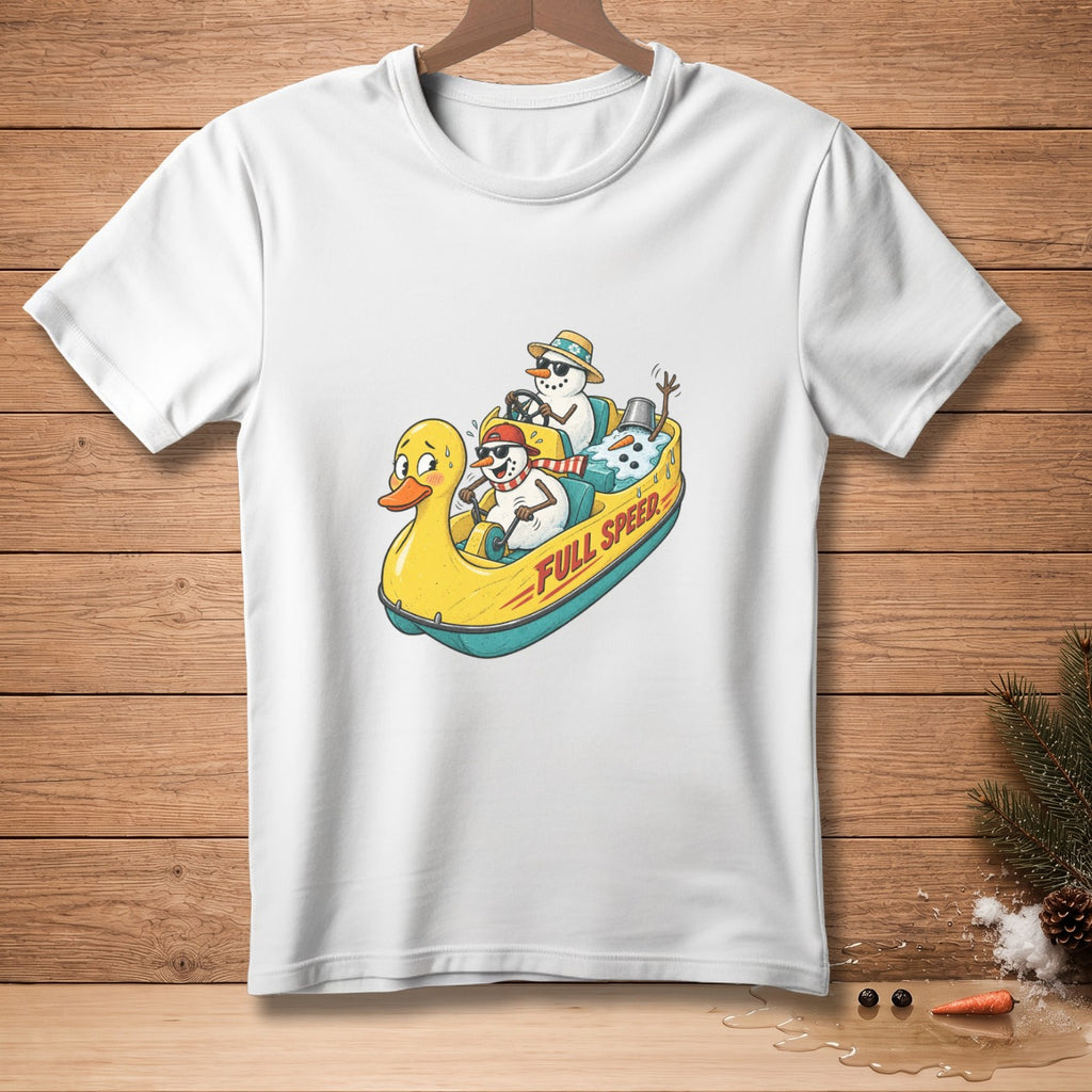 Snowmen driving a yellow duck boat with "FULL SPEED" text.