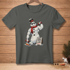 Muscular snowman wearing sunglasses, hat, and scarf, lifting weights next to a sign saying "Best Shape of My Life."