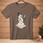 Melting snowman wearing a top hat holds SPF 100 sunscreen bottle.