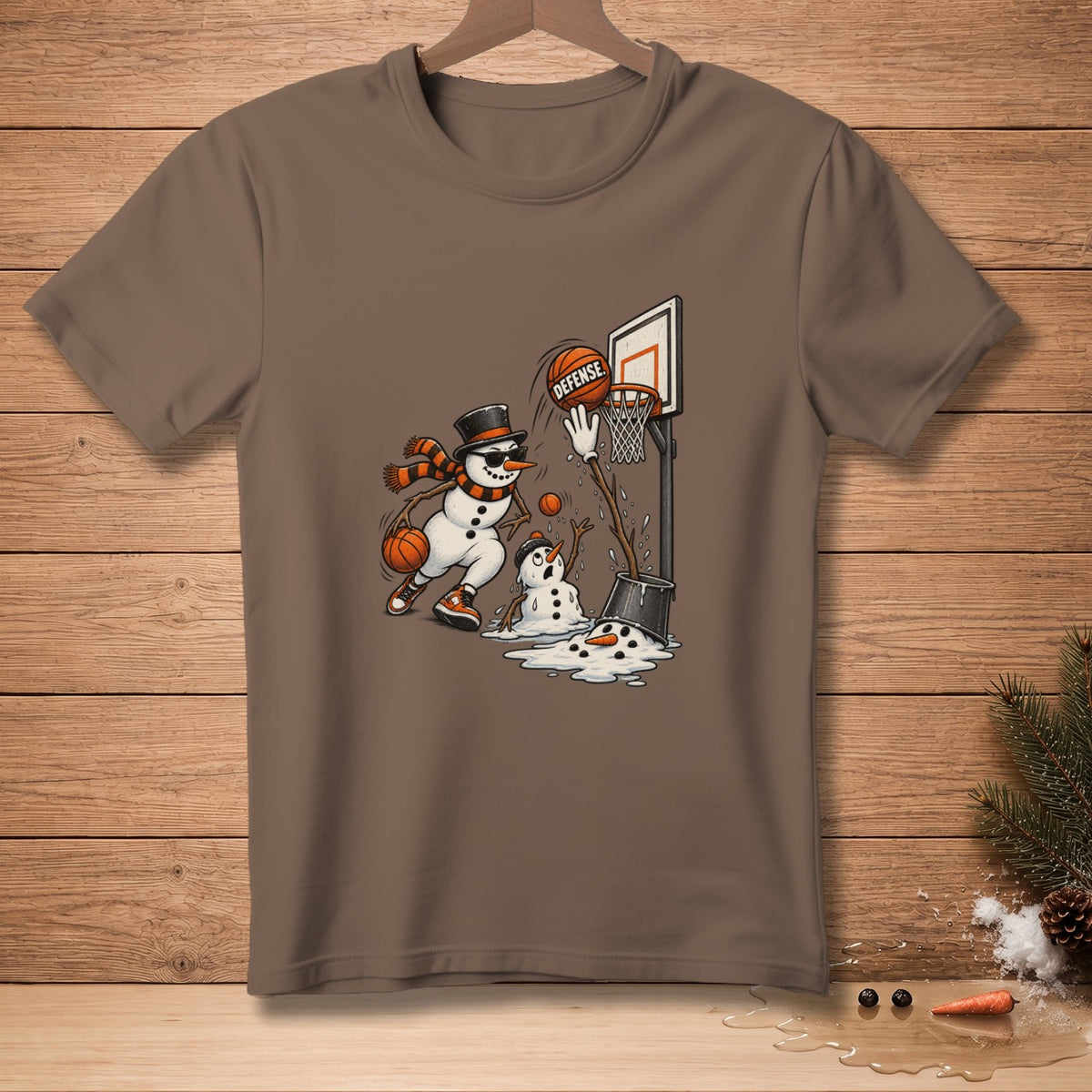 Cartoon snowmen playing basketball with a basketball hoop and melting snowman.