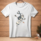 White t-shirt with a cartoon snowman graphic with the text "So far so good".