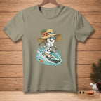 Snowman wearing a straw hat with "SUN SMART" text riding a jet ski.
