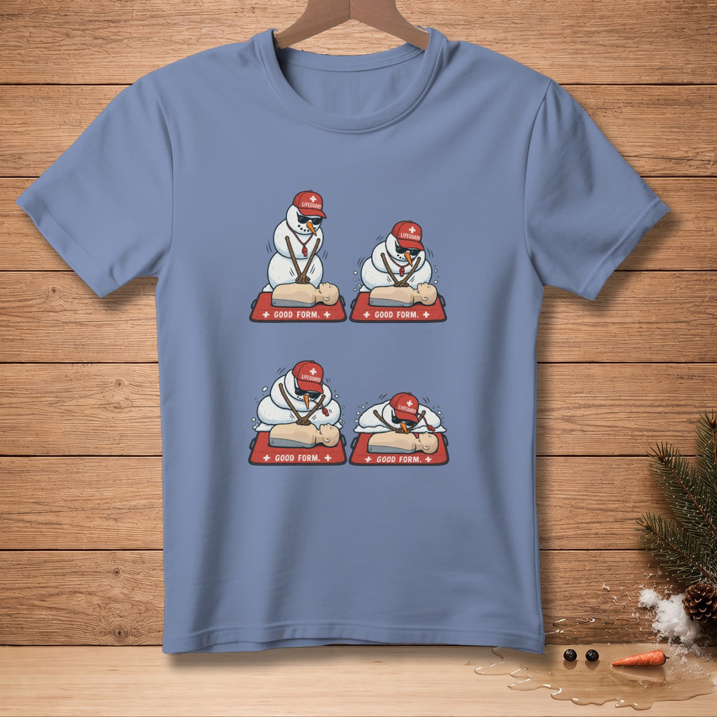 Snowmen lifeguards practicing CPR on a dummy, with text "Good Form".
