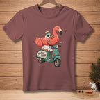 Snowman wearing sunglasses and straw hat rides a scooter with flamingo float.